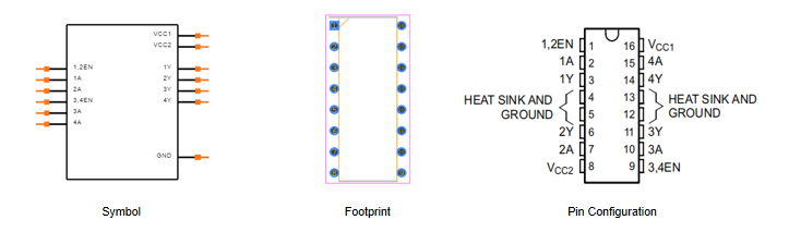 Fig 2 L293DNE symbol, footprint and pin configuration