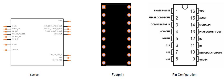 Symbol, Footprint, and Pin Configuration of CD4046BE